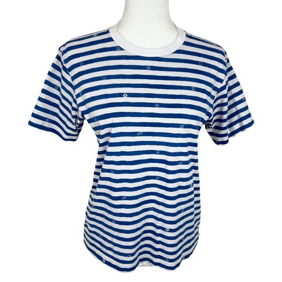 Uniqlo x Disney Shirt Women Medium Blue White Striped Donald Mickey Nautical Tee - Picture 1 of 13